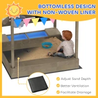 Outsunny House-Designed Wooden Sandbox, Outdoor Sandpit, with Blackboard, Toys, Sink, Seats, Flags, for Ages 3-7 Years - Grey(m-5)