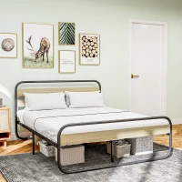 HOMCOM Lit double 160 x 200 cm, cadre de lit en acier style industriel, tête de lit et sommier inclus, aspect bois(m-7)