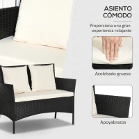 Outsunny Conjunto de Jardín de Ratán Sintético con 2 Sillones 1 Sofá de 2 Plazas 1 Mesa de Centro y Cojines Negro y Crema(m-4)