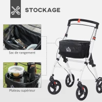 HOMCOM Déambulateur pliant à roulettes cadre de marche léger, sac de rangement, plateau, freins, hauteur de poignée réglable(m-4)
