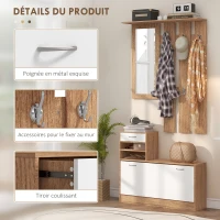 HOMCOM Meuble d'entrée vestiaire avec panneau porte-manteau, miroir et banc à chaussures - 6 crochets et étagère réglable(m-5)