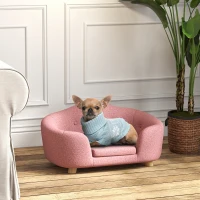 PawHut Haustiersofa Hundematte Hundebett Hundesofa Hundecouch Katzen Sofa mit Kissen Rückentasche Plüsch Schaumstoff Kiefernholz Rosa 70 x 47 x 30 cm(m-2)