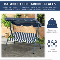 Outsunny Balancelle de Jardin 3 Places Toit imperméabilisé Inclinaison réglable Coussins Assise Dossier Bleu Blanc rayé(m-6)