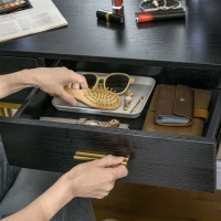 HOMCOM Coiffeuse avec miroir et éclairage intégré, tabouret rembourré, 2 tiroirs, étagères, coiffeuse moderne, noir(m-8)