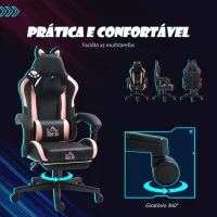 HOMCOM Cadeira Gaming com Orelhas Cadeira Gamer Reclinável com Altura Ajustável e Suporte Lombar 65x62x116-124 cm Preto e Rosa(m-7)