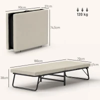 HOMCOM Cama Plegatín Plegable 70x180 cm con Colchón de Espuma Respaldo Ajustable en 5 Posiciones y Ruedas Carga 120 kg Crema(m-3)