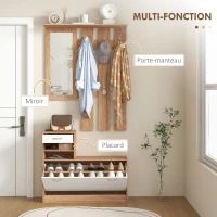 HOMCOM Meuble d'entrée vestiaire avec panneau porte-manteau, miroir et banc à chaussures - 6 crochets et étagère réglable(m-4)