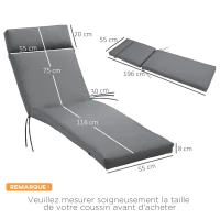 Outsunny Coussins de chaise longue coussin bain de soleil épais, confortable et rembourré, 2 attaches, 196 x 55 x 8 cm, gris(m-3)