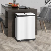 HOMCOM Küchenabfalleimer 2 x 30L mit Pedal aus Edelstahl, 2 Fächer, sanft schließender Deckel, 60L, weiß(m-2)