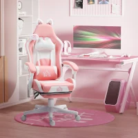 HOMCOM Cadeira Gaming com Orelhas Cadeira Gamer Reclinável com Altura Ajustável e Suporte Lombar 65x62x116-124 cm Rosa e Branco(m-2)