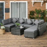 Outsunny 8 Pieces PE Rattan Corner Sofa Set, Outdoor Garden Furniture Set, Patio Wicker Sofa Seater w/ Cushion, Washable Cushion Cover & Tempered Glass Table, Grey(m-2)