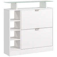 HOMCOM Schuhschrank mit 2 kippbaren Schubladen für 12 Paare, Glasplatte und verstellbare Regale, 89 x 25 x 92 cm, weiß(m-6)