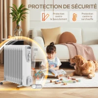 HOMCOM Radiateur bain d'huile 2500W, chauffage électrique silencieux, 3 niveaux de chaleur réglable, roulette, blanc(m-7)