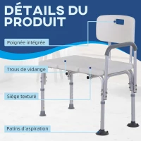 HOMCOM Tabouret de douche chaise de douche dossier ergonomique hauteur réglable pieds antidérapants grande assise charge max. 136 kg 74 x 53 x 80-92 cm blanc(m-4)