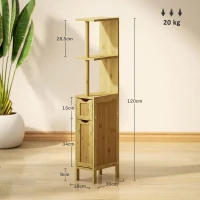 HOMCOM Badezimmerschrank Badezimmerschrank mit 2 offenen Regalen 2 Schränken aus Bambus 18B x 30T x 120H cm Naturholz(m-3)