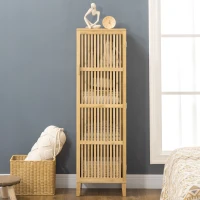 HOMCOM Bamboo Storage Cabinet with Shelves and Slatted Door Design for Bathroom Bedroom Living Room 40 x 30 x 140 cm(m-10)