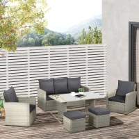 Outsunny Six-Piece Rattan Sofa Set, with Glass-Top Table - Mixed Grey(m-2)