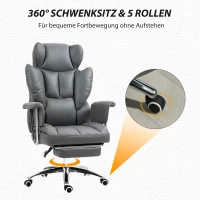 HOMCOM Chaise de bureau ergonomique, rembourrée, avec repose-pieds, dossier réglable, pivotante à 360°, Gris foncé(m-4)