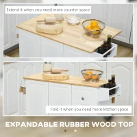 HOMCOM Kitchen Island with Drop Leaf, Rolling Kitchen Storage Trolley on Wheels with 3 Drawers, Spice Rack and Towel Rack, Storage Cart with Rubber Wood Top, White(m-6)