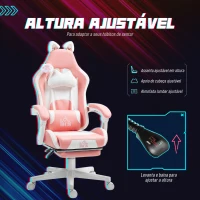 HOMCOM Cadeira Gaming com Orelhas Cadeira Gamer Reclinável com Altura Ajustável e Suporte Lombar 65x62x116-124 cm Rosa e Branco(m-5)