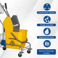 HOMCOM Chariot de lavage chariot de ménage professionnel presse à mâchoire seau 26 L + panier de rangements jaune(m-7)