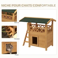 PawHut Maison lodge pour chats sauvage errants avec terrasse escalier 77 x 50 x 73 cm bois naturel et vert(m-4)