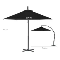 Outsunny 3(m) Garden Cantilever Parasol, Round Overhanging Umbrella with Crank Handle, Cross Base, Aluminium Frame and 360° Rotation, Banana Patio Umbrella for Outdoor Sun Shade, Black(m-3)