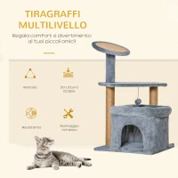 PawHut Tiragraffi per Gatti con Pali in Juta, Casetta e Cuscino, Rivestimento Peluche, Altezza 84cm, Grigio(m-4)