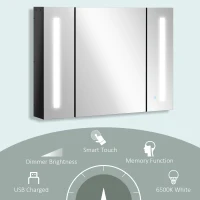 kleankin LED Bathroom Cabinet with Mirror, Wall Mounted Dimmable Brightness Storage Organiser with 3 Mirrored Doors and Adjustable Shelves, Memory Function, USB Charge, High Gloss Black(m-5)