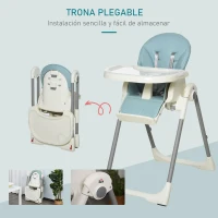 HOMCOM Trona para Bebé Evolutiva Ajustable y Plegable con Doble Bandeja Trona Portátil de +6 Meses Reclinable con 2 Ruedas y Frenos 55x80x104 cm Azul(m-7)