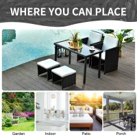 Outsunny 2 Seater Rattan Cube Garden Furniture Set, Rattan Dining Set with Cushions, Outdoor Dining Table and Chairs with 2 Armchairs, 2 Stools, Rectangular Glass Top Table for Patio, Balcony, Black(m-7)