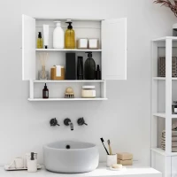 kleankin Armario de Baño con Espejo de Pared con 2 Puertas Armario de 3 Niveles para Almacenamiento Armario de Pared para Cocina Baño Salón Tablero de MDF Fuerte y Fácil de Limpiar Blanco 56x13x58cm(m-7)