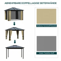 Outsunny Pavillon mit Polycarbonatdach, Vorhänge mit Fliegennetz, Alugestell, braun+beige, 3,6 x 3 x 2,6 m(m-5)