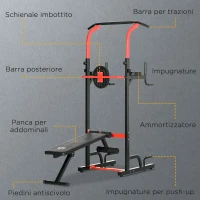 HOMCOM Stazione da Fitness Sbarra per Trazioni, Power Tower Palestra Multifunzione Pieghevole Altezza Regolabile 180-230cm Max. carico 120kg(m-5)