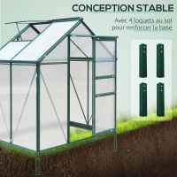 Outsunny Serre de jardin polycarbonate 190 x 132 x 201 cm résistant aux UV 30+ fondation renforcé gouttière vert foncé(m-6)