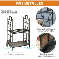 Outsunny Soporte para Leña de Metal con 4 Herramientas y Asas para Interior y Exterior 51,5x33x77 cm Negro Dorado(m-4)