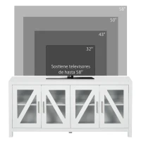 HOMCOM Mueble TV de Salón Mesa para Televisores de hasta 58" con 4 Puertas de Vidrio Estantes Ajustables 130x35x60 cm Blanco(m-7)