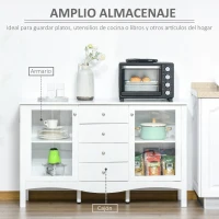 HOMCOM Aparador de Cocina Armario Buffet con 2 Puertas de Vidrio Estante Ajustable Interior y 4 Cajones Mueble Auxiliar para Comedor Salón 136x45x85 cm Blanco(m-4)