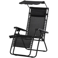 Outsunny Tumbona Plegable Silla de Gravedad Cero Reclinable con Toldo de Sombra con Bandeja Portavasos Portátil Texteline para Jardín Balcón Carga 150kg 90x67x110 cm Negro(m-1)