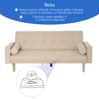 HOMCOM Divano Letto 3 Posti con Schienale Regolabile su 3 Livelli, 2 Cuscini e Braccioli Rimovibili, Beige, 185x84x85cm(m-7)