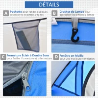 Outsunny Tente pop up montage instantané - tente de camping 2 pers.  - 1 porte + 2 fenêtres - dim. 2,2L x 1,08l x 1,1H m - fibre verre polyester bleu gris(m-6)