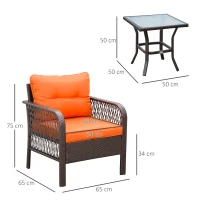 Outsunny 3 Pieces Rattan Bistro Set with Glass Top Coffee Table, Chairs and Cushions for Outdoor, Patio, Balcony, Orange(m-3)