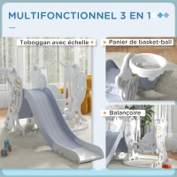 AIYAPLAY Portique enfant toboggan et balançoire avec panier de basket-ball aire de jeux 3 en 1 185 x 150 x 92 cm gris(m-4)