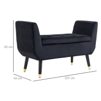 HOMCOM Sitzbank mit Stauraum Armlehnen Polsterbank mit Samtoptik, Sitztruhe mit Holzbeine, Truhenbank für Wohnzimmer Schlafzimmer Flur 107 x 42 x 65 cm, Schwarz(m-3)
