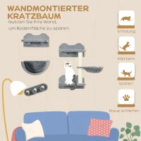 PawHut Kletterwand-Set für Katzen, Hängematte, Kratzbrett, Sprungplattformen, Plüsch, Sisal, Grau(m-4)