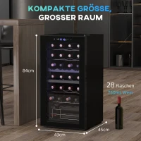 HOMCOM Kleiner Weinkühlschrank, Mini-Kühlschrank für 28 Flaschen, 74 Liter Kapazität, Glastür, LED-Beleuchtung, Touch-Screen(m-3)