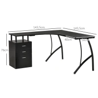 HOMCOM Escritorio Esquinero para Ordenador en Forma de L con 3 Cajones para Oficina Estudio 143,5x143,5x76 cm Negro(m-3)