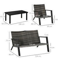 Outsunny Conjunto de Muebles de Exterior con Sofá de 2 Plazas Sillones y Mesa de Centro para Terraza Patio Negro(m-3)