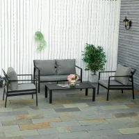 Outsunny Ensemble salon de jardin 4 pièces canapé 2 places + 2 fauteuils + table basse plateau à lattes 8 coussins rembourrage épais déhoussables aluminium gris noir(m-2)
