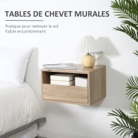 HOMCOM Lot de 2 Tables de Chevet murales - Lot de 2 Tables de Nuit - tiroir Coulissant, Niche, Plateau - Panneaux Particules Aspect chêne Clair(m-4)